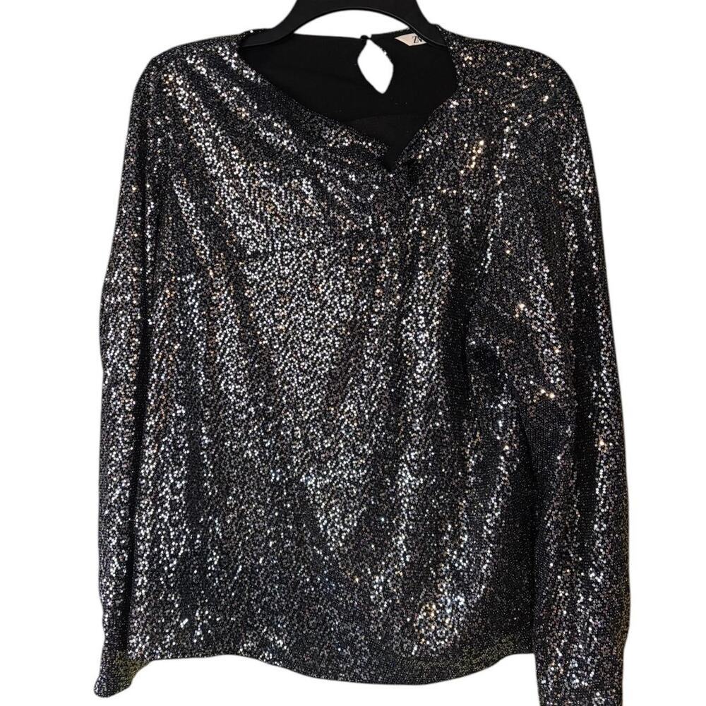 Zara Black Sequin Long Sleeve Top Knot Front Key Hole Cuffed Sleeves